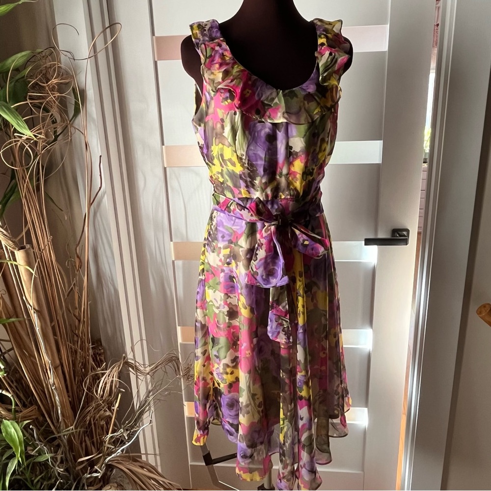 EUC CATO floral flower print u-neck sleeveless ruffle lined midi dress